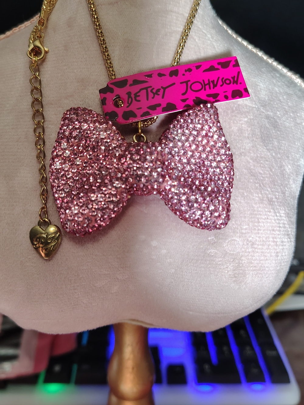Betsey Johnson Pink Crystal Bow Necklace with Gold Chain - Picture 3 of 4